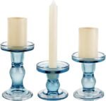 3-Piece Set of Blue Glass Candlestick, Crystal Candlestick Holder Holder and Conical Candle, Christmas Candle Holder Decoration, Family Living Room Wedding Candle Holder (Blue)