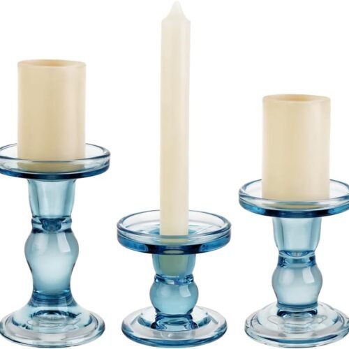 3-Piece Set of Blue Glass Candlestick, Crystal Candlestick Holder Holder and Conical Candle, Christmas Candle Holder Decoration, Family Living Room Wedding Candle Holder (Blue)