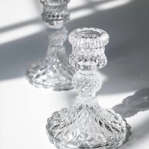 Taper Candle Holders Set of 2, Clear Glass Candlestick Holder Fit 0.8 Inch Candles, 4 Inch Tall Crystal Decorative Candle Stand Centerpiece for Table Wedding Dinning Party