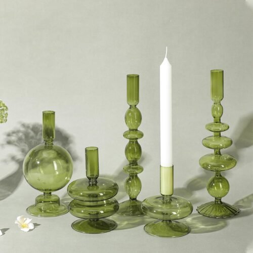 5 Pcs Glass Candlestick Holders Colorful Glass Taper Candle Stand Groovy Candlestick Wavy Boho Chic Clear Bases Holders Elegant Vase for Home Party Centerpiece(Green)