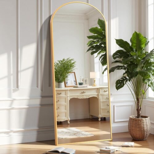 Arched full-length mirror; 58 x 19 inches; with stand; can be hung or leaned against; slim aluminum alloy frame.