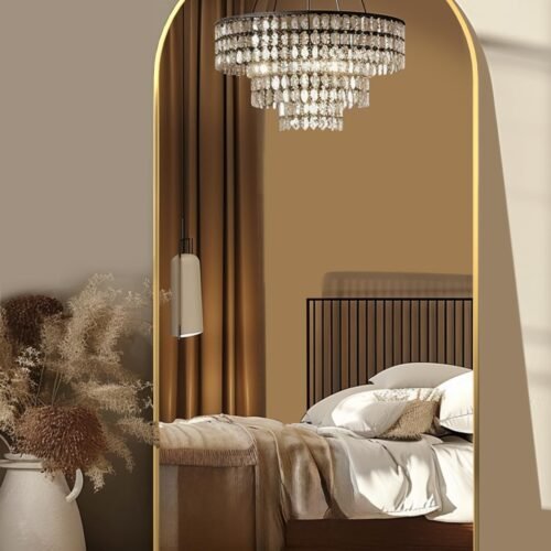 68 x 26-inch arched floor-length full-length mirror; with stand; can stand alone or hang.