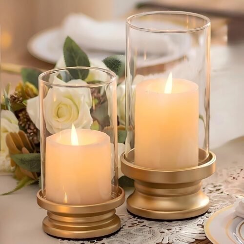 Hurricane Candle Holder Gold: Set of 2 Candle Holders for Pillar Candles with Clear Glass Sleeve - Decorative Metal Pillars Stands for Wedding Party Christmas Holiday Dining Table Centerpiece