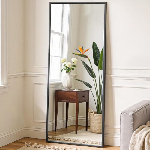 59.2 x 16-inch full-length mirror; can be hung or leaned against; slim aluminum alloy frame; black design; suitable for living room use.