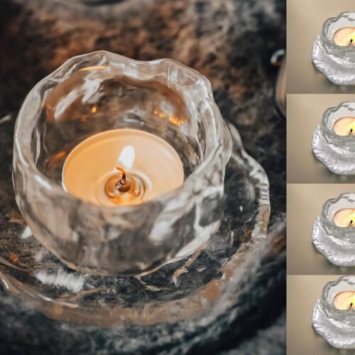 Set of 4 Handcrafted Lead-Free Crystal Glass Tealight Candle Holders with Tray - Perfect for Wedding Centerpieces, Party Decor, and Home Decor (Clear)