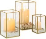 Hurricane Glass Candle Holders: 3Pcs Gold Lanterns Candle Holder for Pillar Candles Geometric Table Centerpiece for Outdoor & Indoor Wedding Christmas Holiday Party Decor 8.1 & 6.5 & 4.7 inch