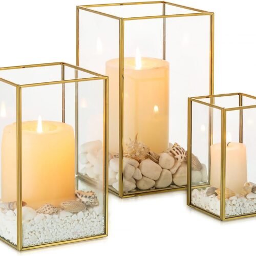 Hurricane Glass Candle Holders: 3Pcs Gold Lanterns Candle Holder for Pillar Candles Geometric Table Centerpiece for Outdoor & Indoor Wedding Christmas Holiday Party Decor 8.1 & 6.5 & 4.7 inch