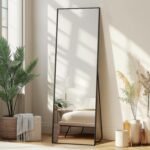 Full-length floor mirror with stand; large floor mirror; black aluminum alloy frame; dimensions: 56 x 15 inches.
