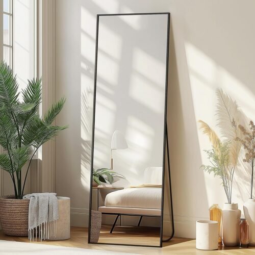 Full-length floor mirror with stand; large floor mirror; black aluminum alloy frame; dimensions: 56 x 15 inches.