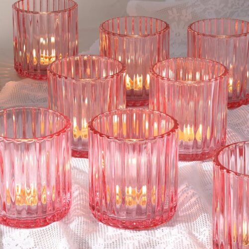 Pink Large Votive Candle Holder Set of 8, Tea Lights Candle Holders for Wedding Table Centerpieces. Boho Decor, Home Dinner Birthday Party Decor, Bridal Shower and Holiday Decorations