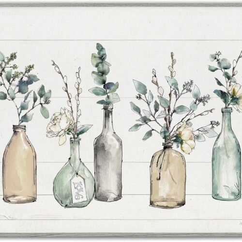 Bottles and Plants Farm Wood Textured, Design by  Wall Art, 11 x 14, Multi-Color for Living Room, Grey Framed