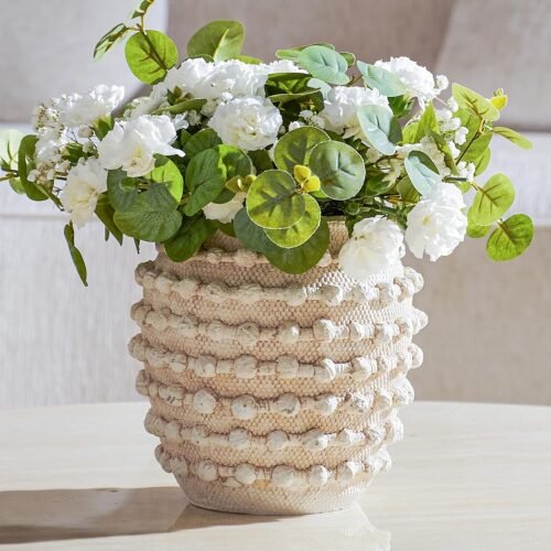 Beige Rustic Farmhouse Vase, 8.2 Inch Textured Boho Vase for Home Decor, Cement Decorative Flower Vases with Rope Knots for Living Room, Table Centerpiece, Shelf, Mantel Decoration