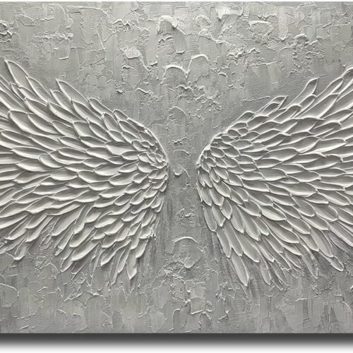 Wall Art with Canvas Hand Painted Wings, Grey and White Heavy Texture Oil Painting Wall Decor, Modern Painting Artwork for Wall for Living Room Bedroom Office Home Decor(48" Wx24 L)