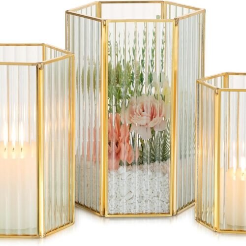 Gold Hurricane Candle Holders: Set of 3 Glass Candle Holder for Pillar Candles Lanterns Decorative Indoor for Wedding Table Centerpieces