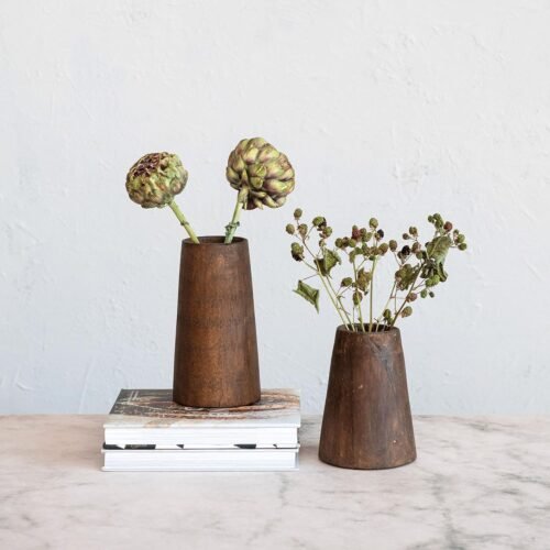 Round Reclaimed Wood Vases with Distressed Finish, Brown, Set of 2
