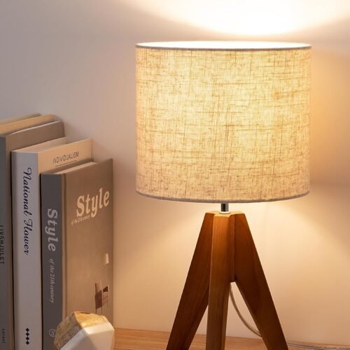 Tripod Table Lamp, Small Cute Bedside Lamp with Linen Beige Lampshade, Nightstand Lamp for Nursery, Bedroom, Kid Room, Living Room, Light Brown Wooden Base, E26 Socket, 14.2 Inch